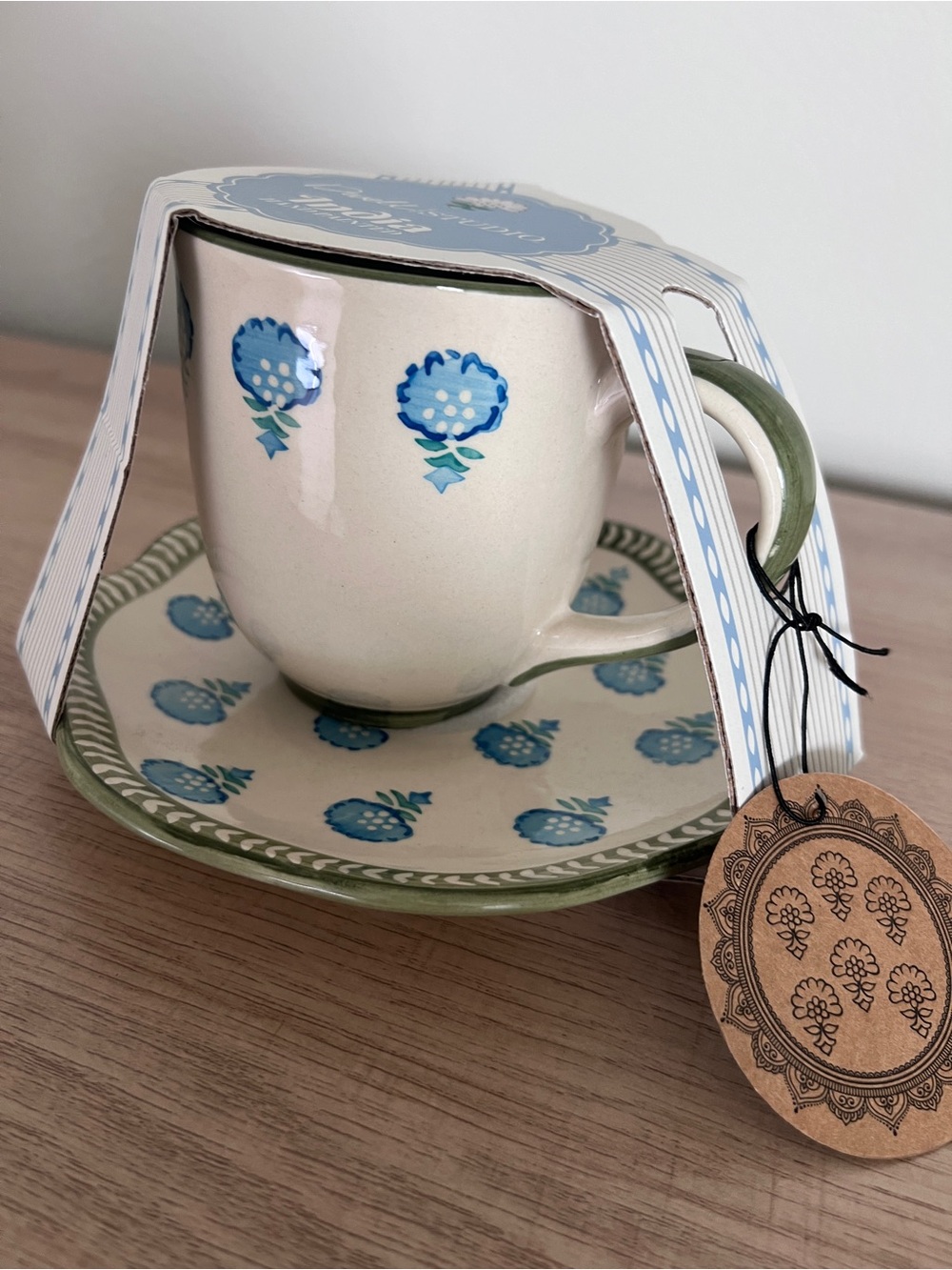 Dwell Studio India Hand Painted Coffee Mug Plate Set Floral Blue Ceramic NWT